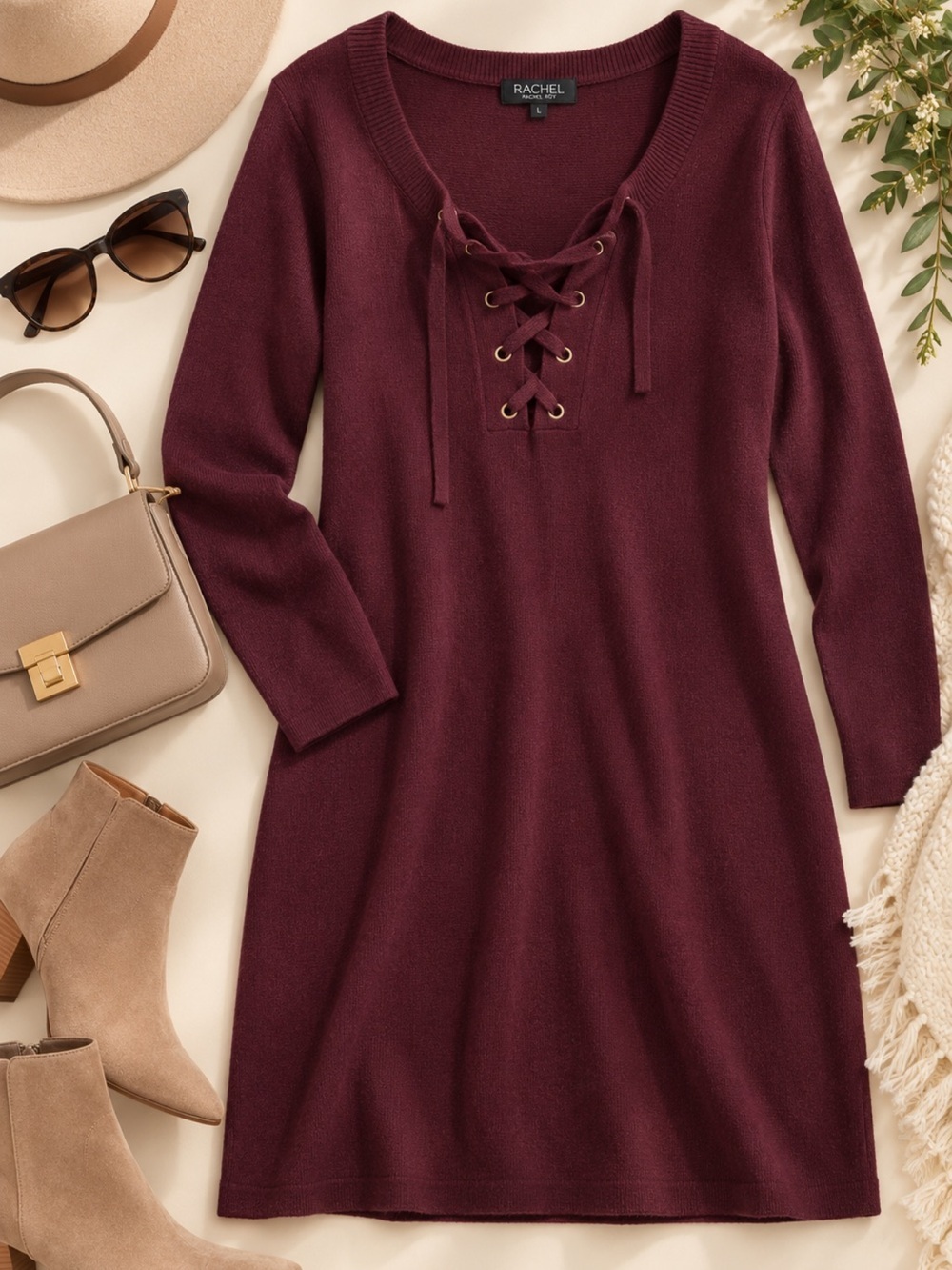 Reitmans Lace-Up Knit Tunic Dress - Plum